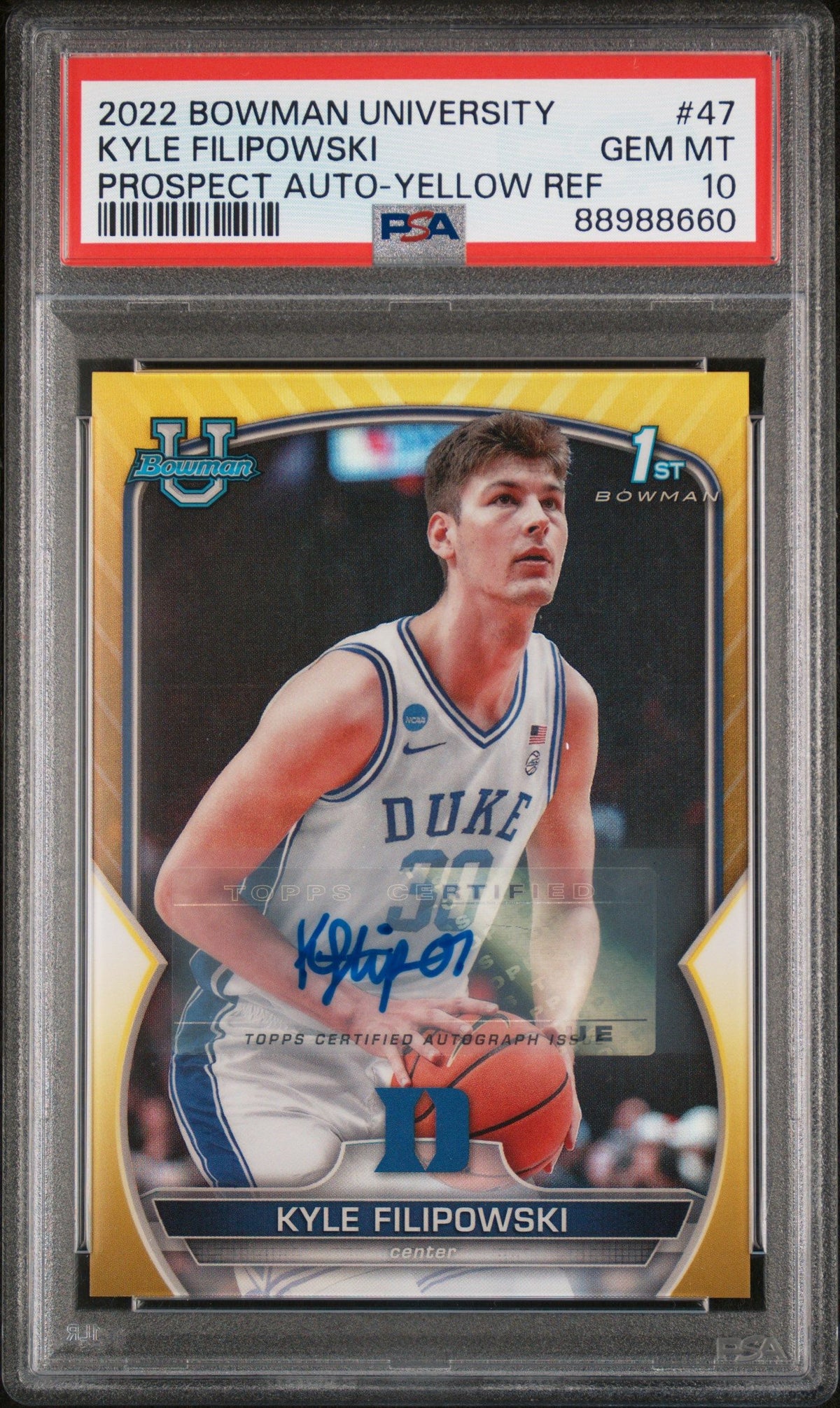 2022 Bowman Chrome University Kyle Filipowski Prospect Auto-Yellow PSA 10