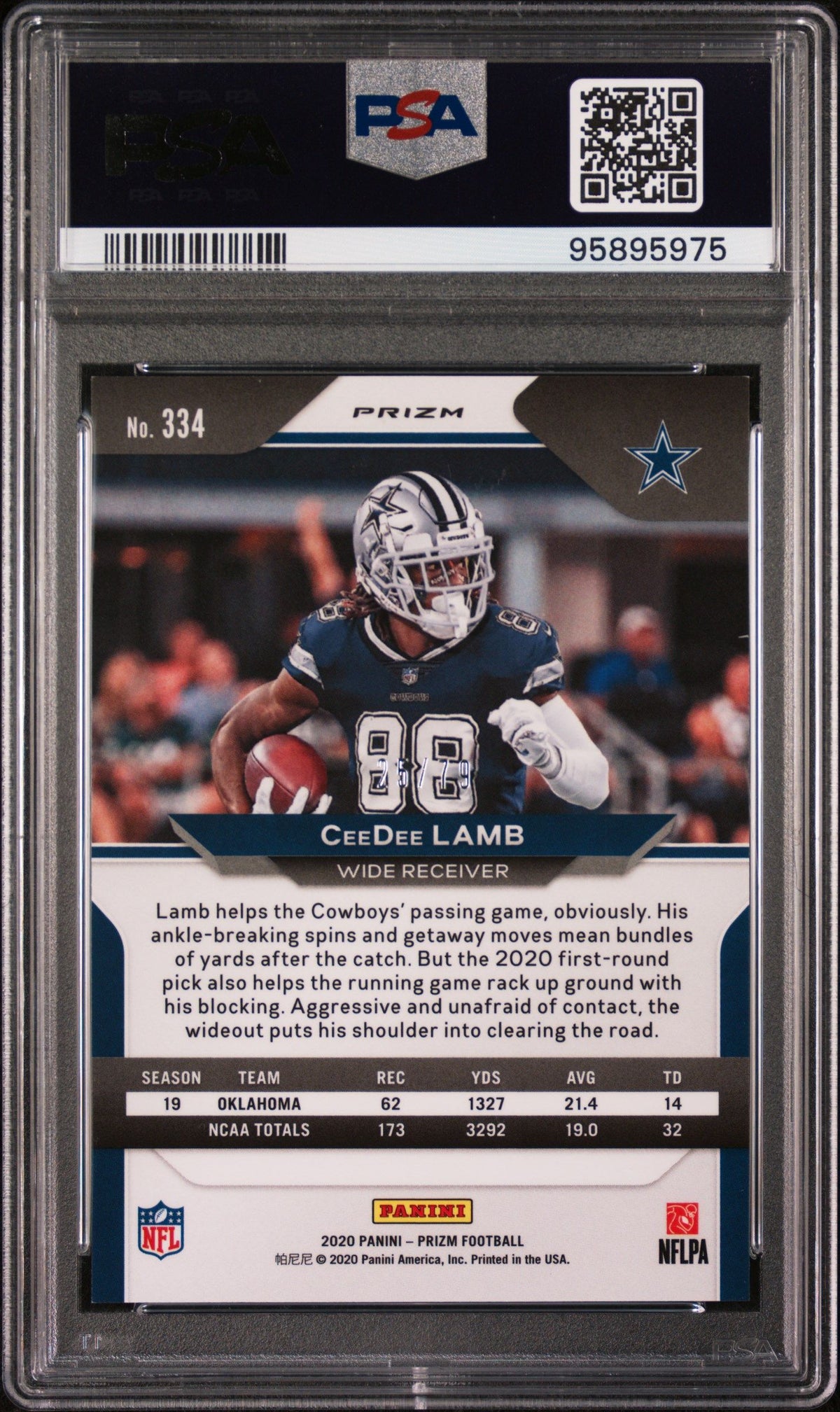 2020 Panini Prizm Ceedee Lamb No Huddle Blue Prizm PSA 9