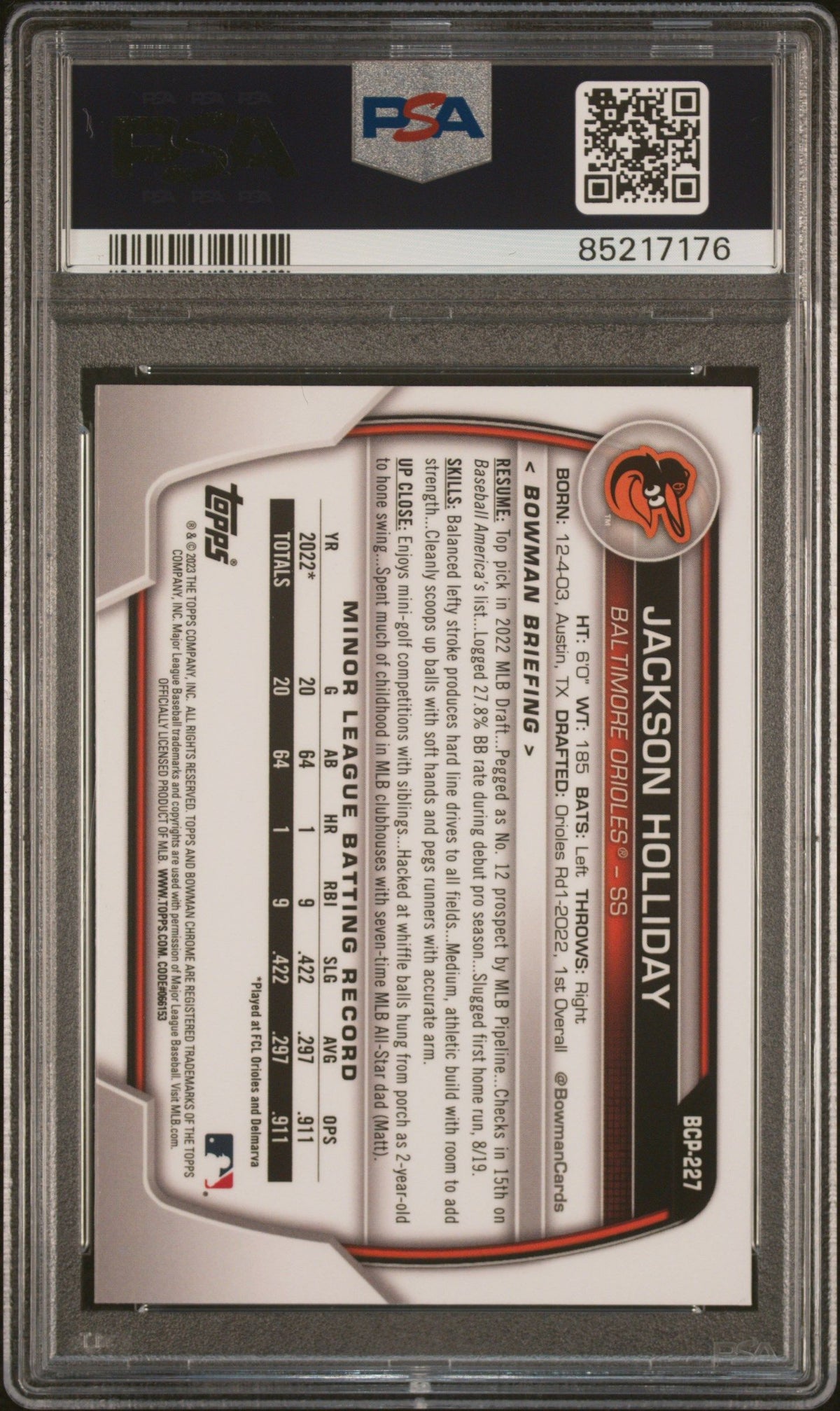 2023 Bowman Chrome Sapphire Edition Prospects #227 Jackson Holliday PSA 10