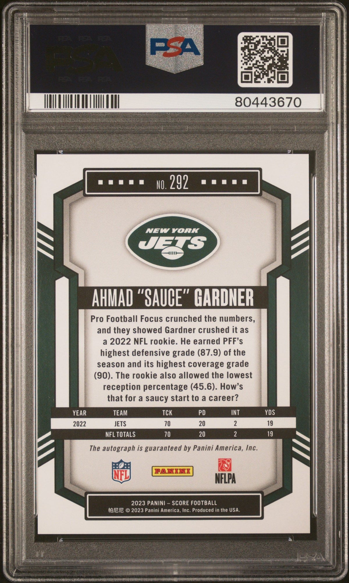 2023 Panini Score Ahmad “sauce” Gardner Autograph PSA 10