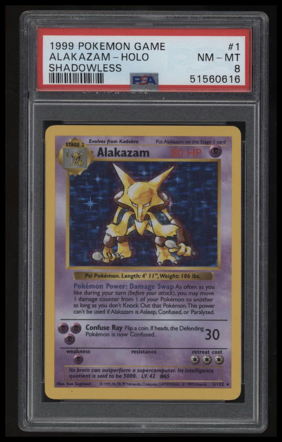 1999 Pokemon Game Alakazam-Holo Shadowless PSA 8