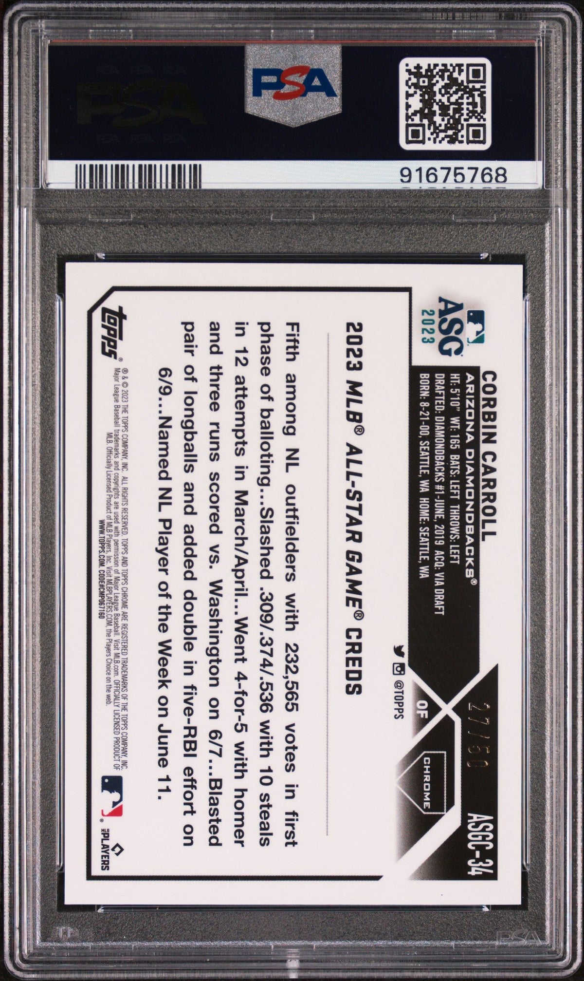 2023 Topps Chrome Update Corbin Carroll All-Star Game-Gold PSA 10