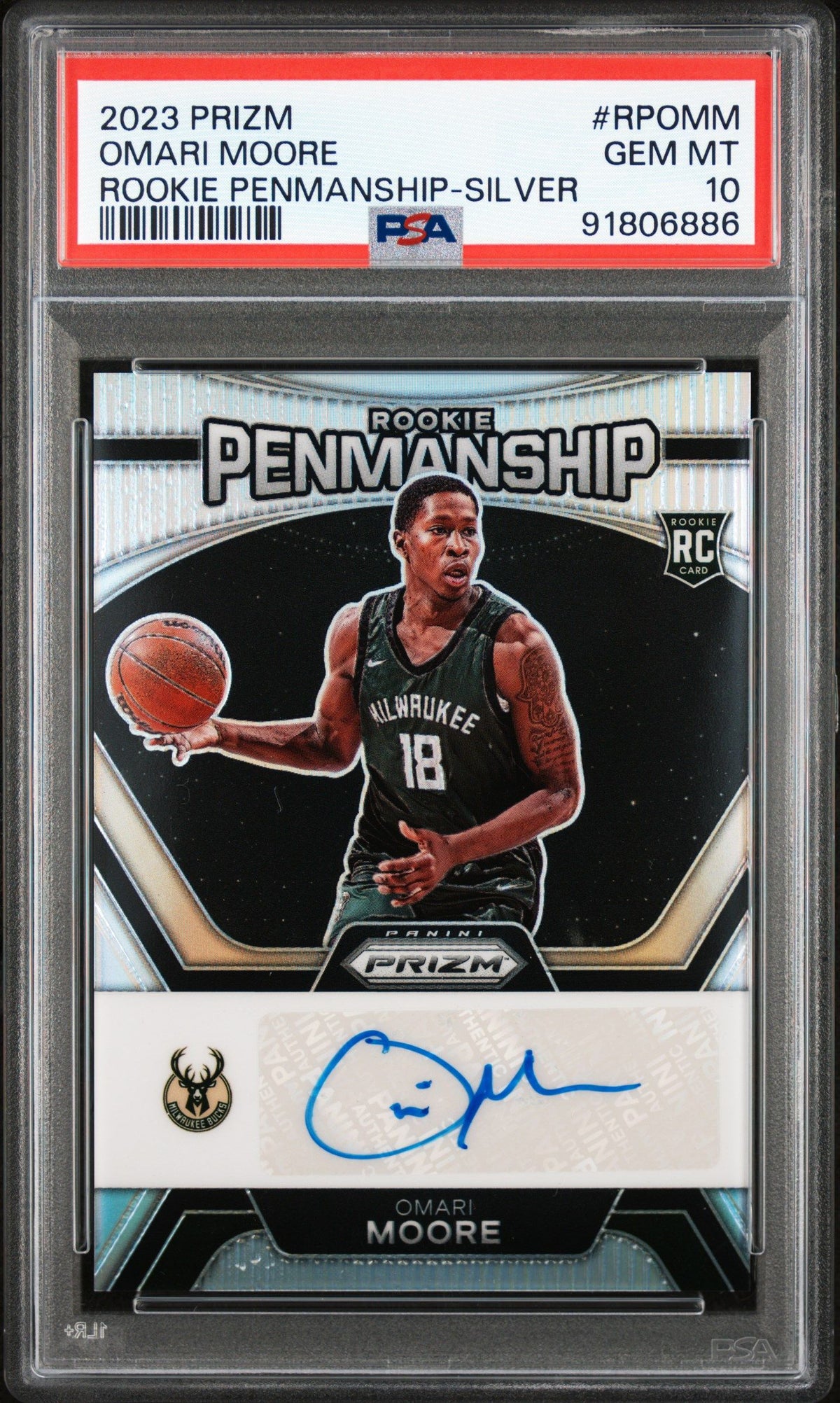 2023 Panini Prizm Rookie Penmanship Omari Moore Rookie Penmanship-Silver PSA 10