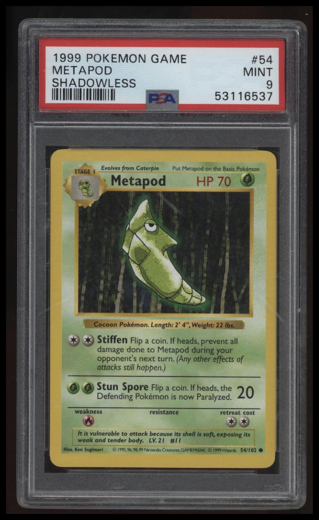 1999 Pokemon Game Metapod Shadowless PSA 9