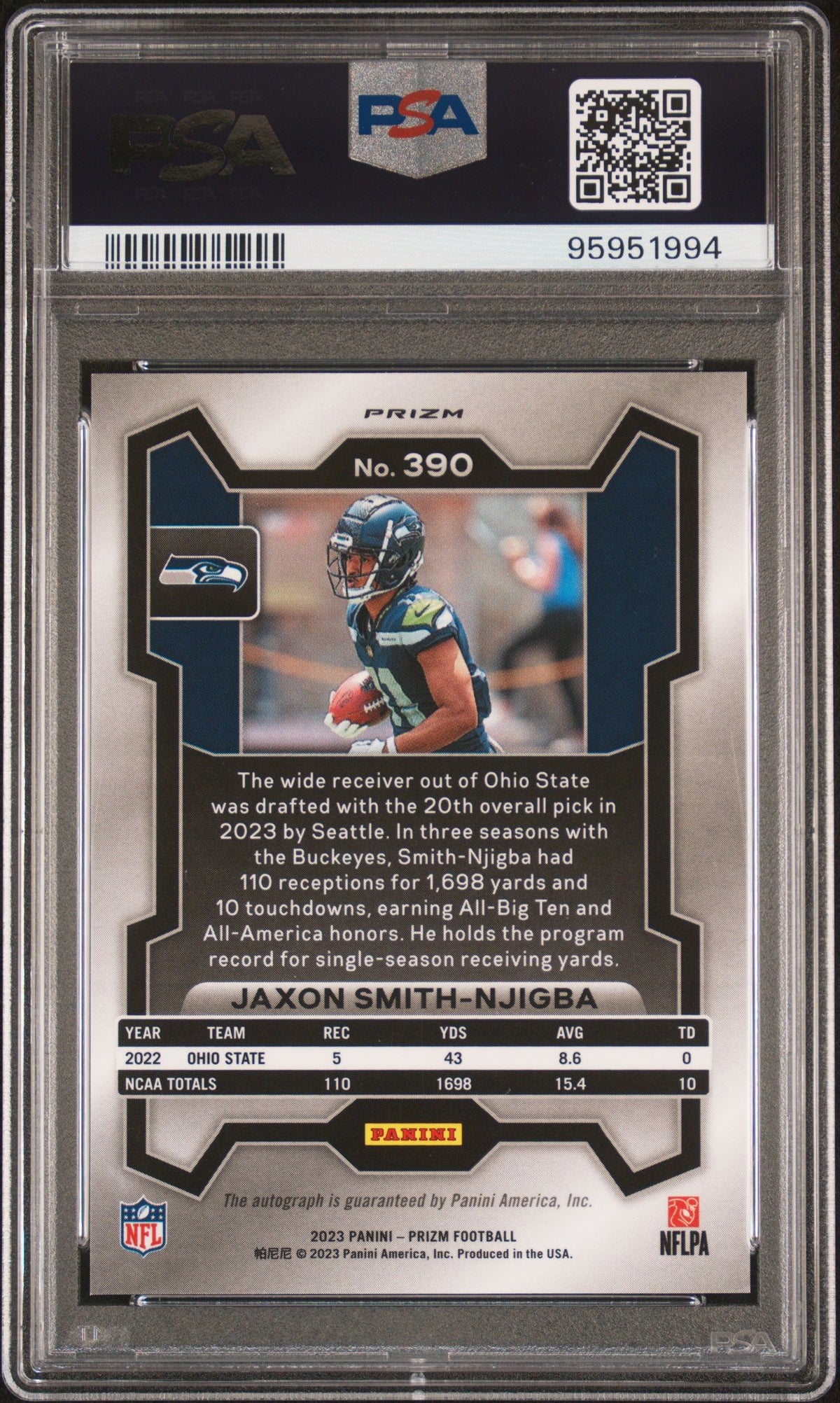 2023 Panini Prizm Jaxon Smith-Njigba Autograph-No Huddle PSA 9