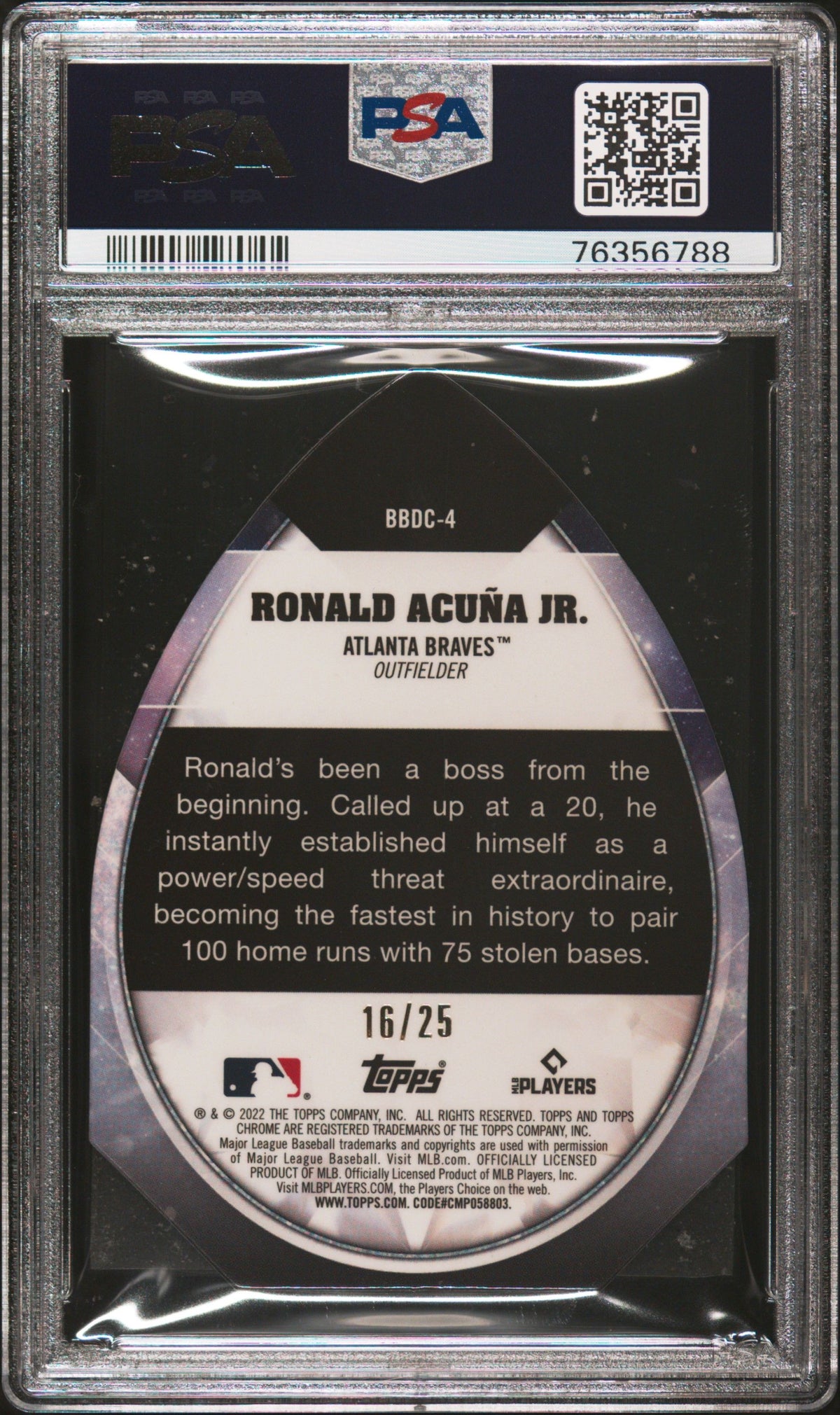 2022 Topps Chrome #4 Ronald Acuna Jr. Ben&#39;S Dmd.D/C-Orange Ref. PSA 10