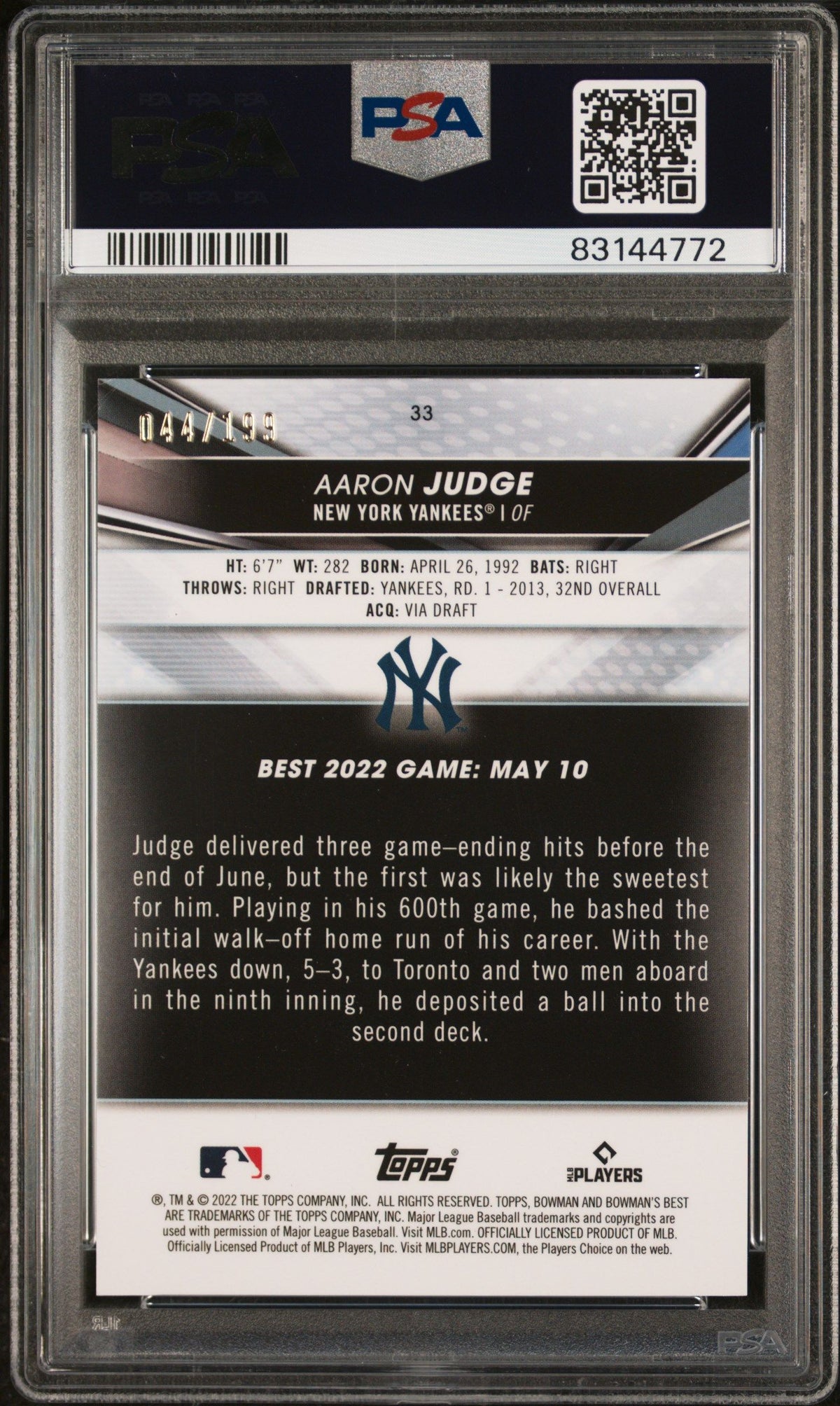 2022 Bowman&#39;S Best Aaron Judge Aqua Lava Refractor PSA 10