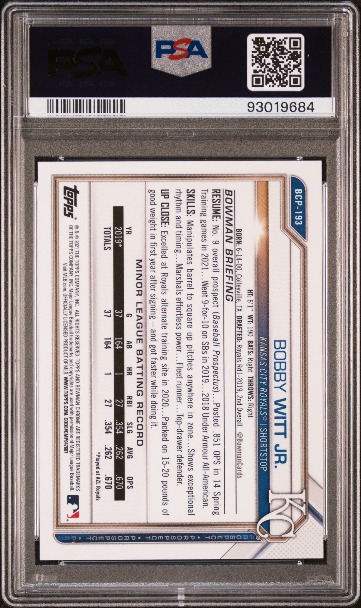 2021 Bowman Chrome #BCP193 Bobby Witt Jr. Prospects-Speckle Ref. PSA 10