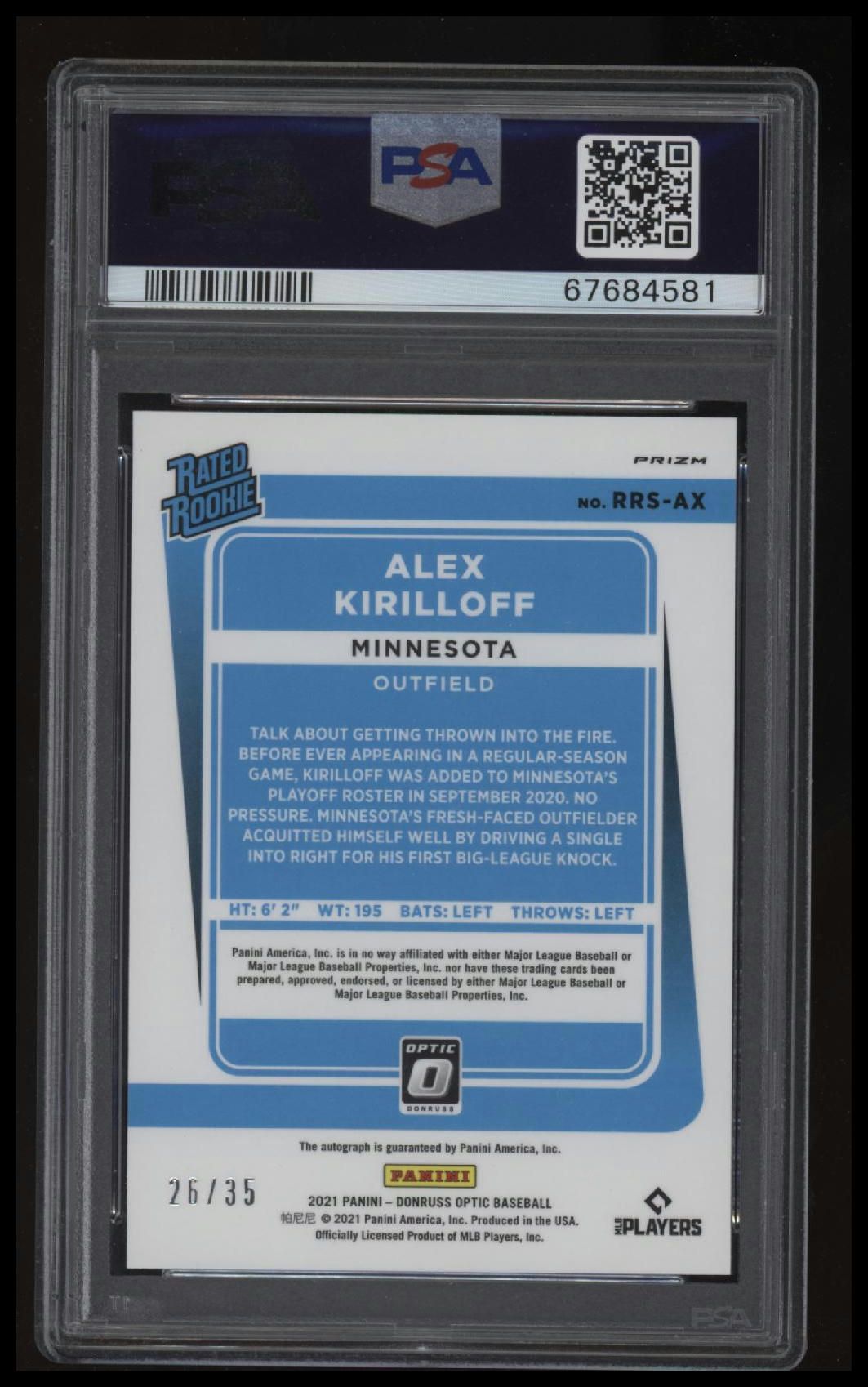 2021 Panini Donruss Optic Signatures #RRSAX Alex Kirilloff Blue Velocity PSA 10