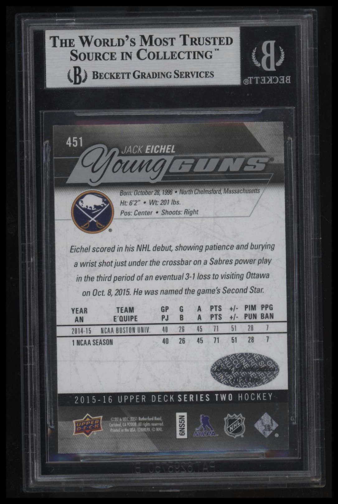 2015-16 Upper Deck Jack Eichel YG RC BGS 0.0