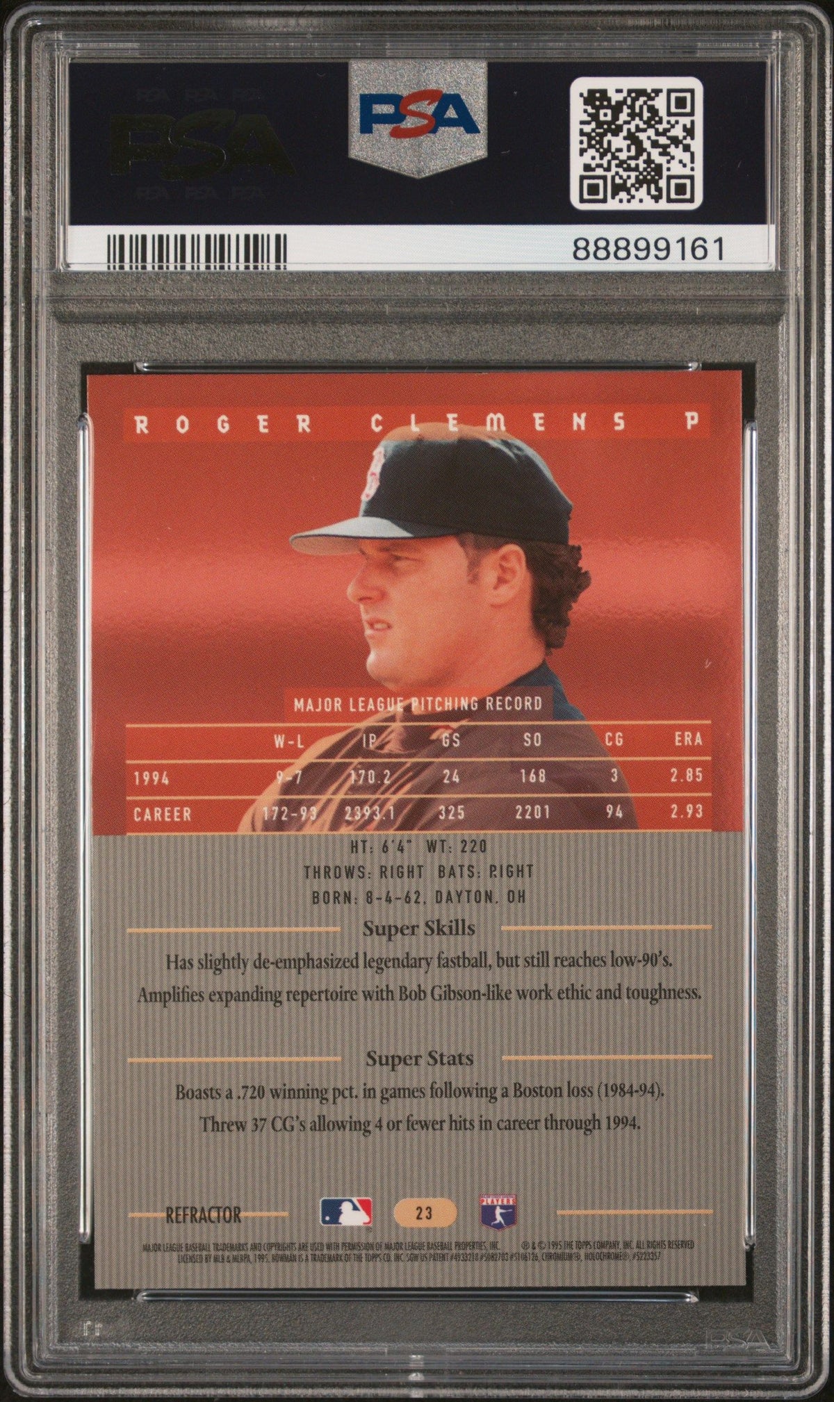 1995 Bowman&#39;S Best #23 Roger Clemens Red Refractor PSA 9