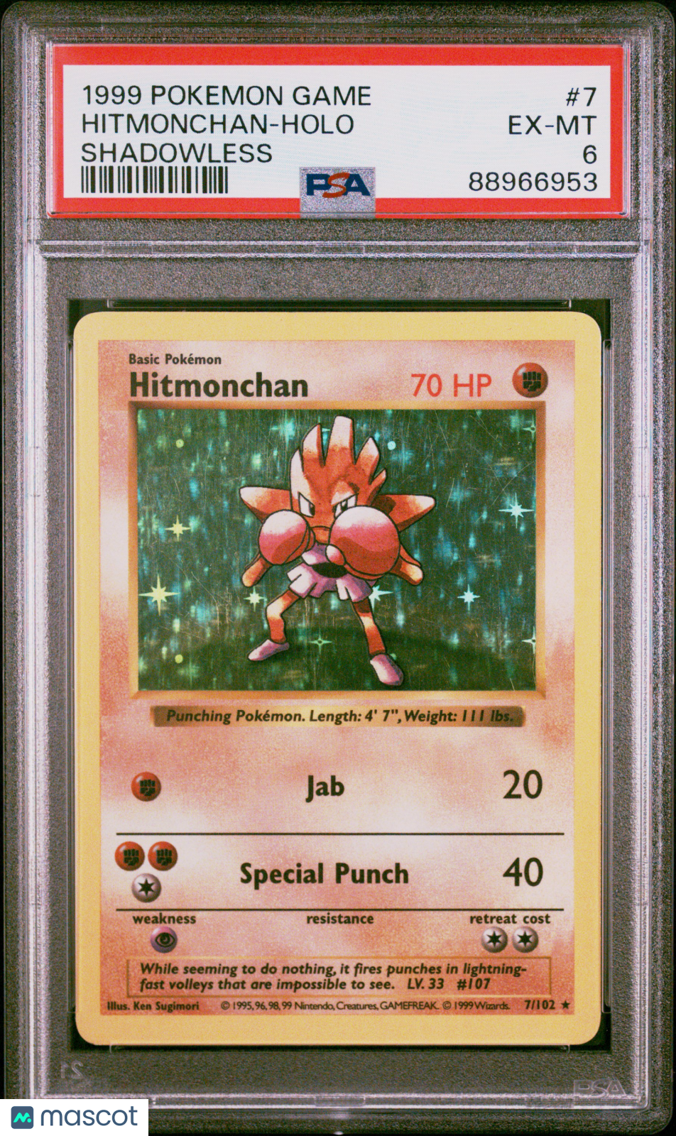 1999 Pokemon Game Hitmonchan-Holo Shadowless PSA 6