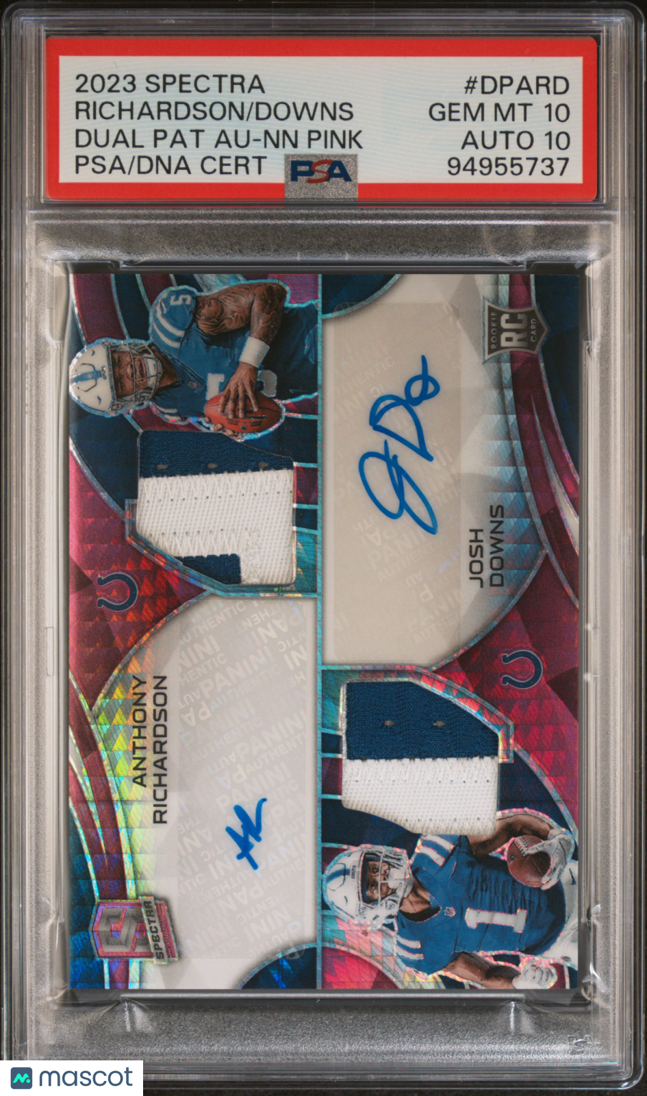 2023 Spectra Anthony Richardson Josh Downs Dual Patch Auto Pink /25 PSA 10