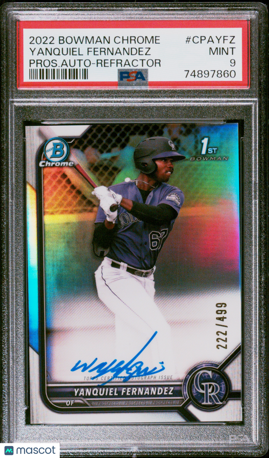 2022 Bowman Chrome #CPAYFZ Yanquiel Fernandez Pros.Auto-Refractor PSA 9