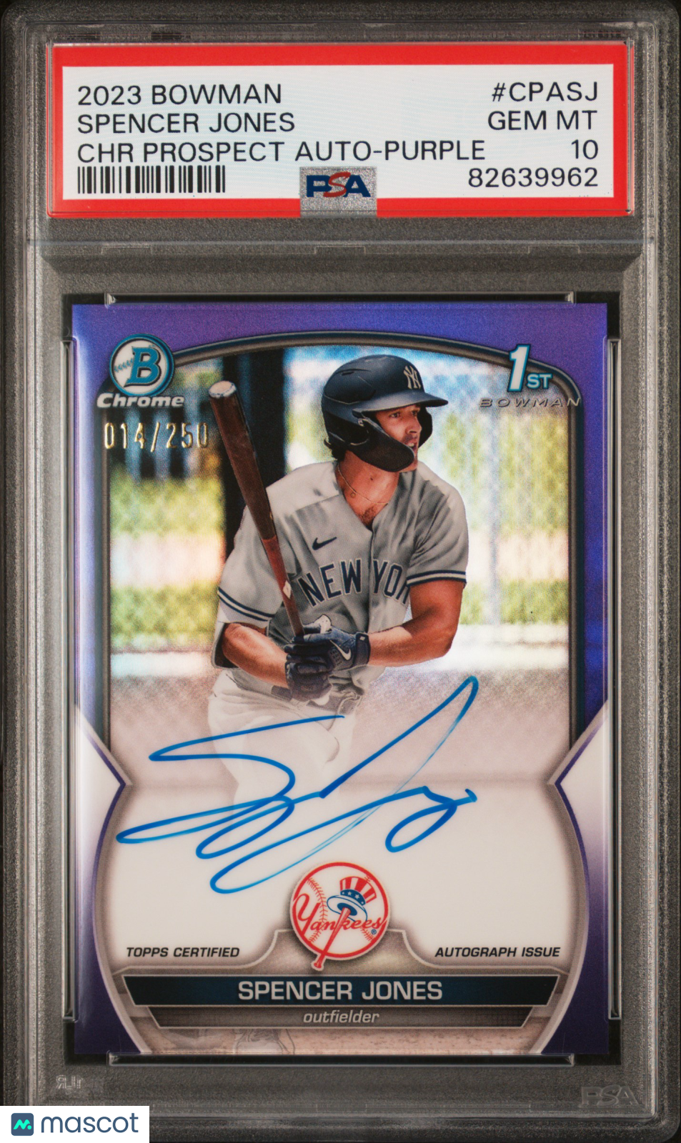 2023 Bowman Chrome Prospect Autographs Spencer Jones Purple Ref PSA 10