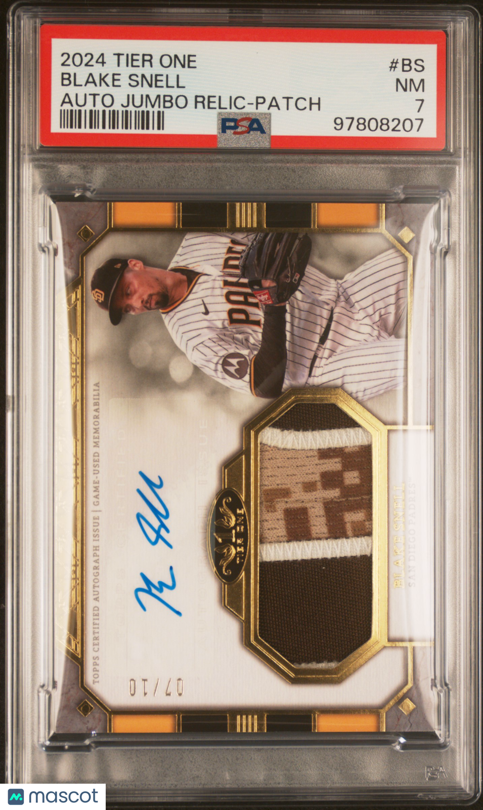 2024 Topps Tier One Autographed Tier One Jumbo Relics Blake Snell Auto PSA 7