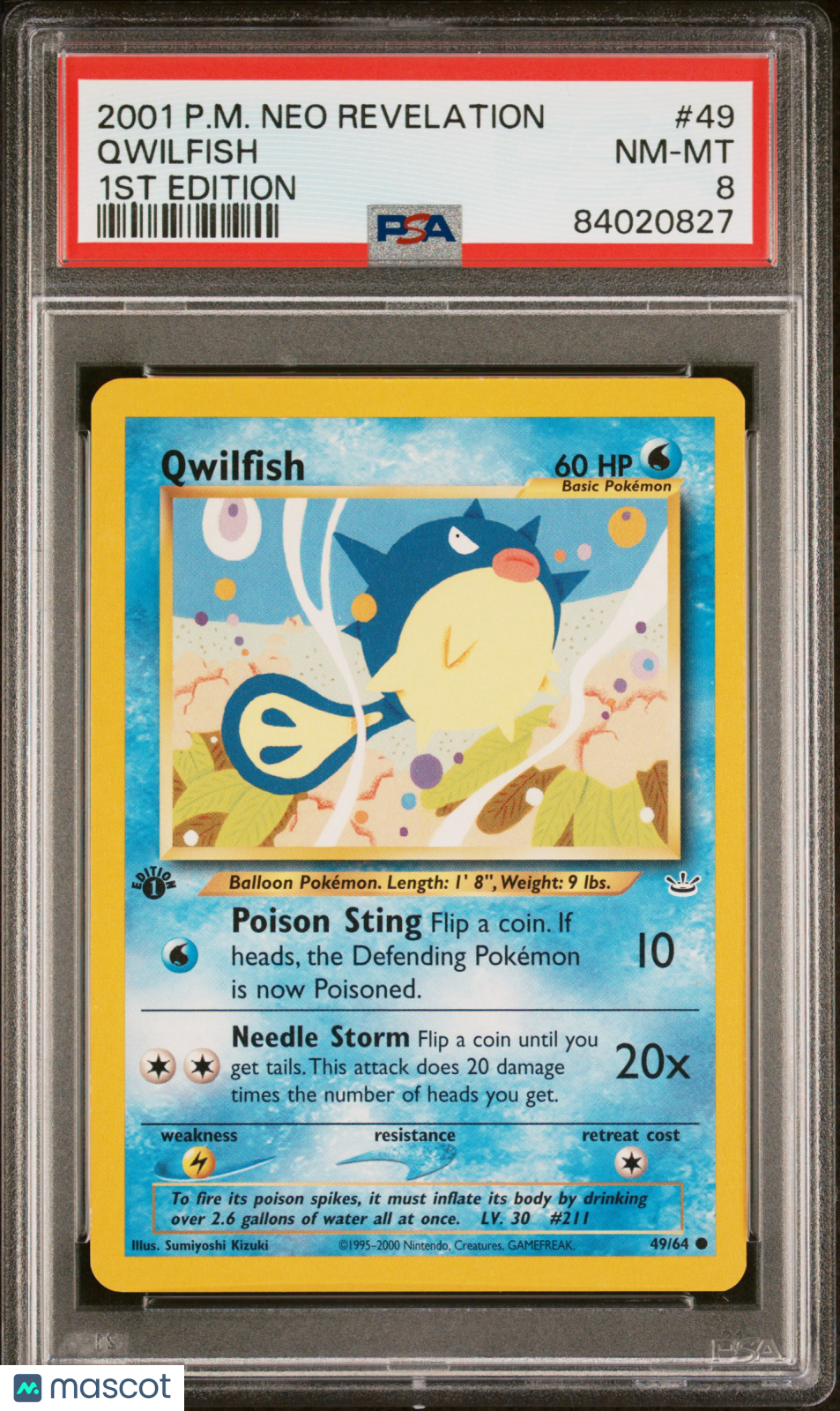 2001 Pokemon Neo Revelation 1st Edition Qwilfish 1st Edition PSA 8