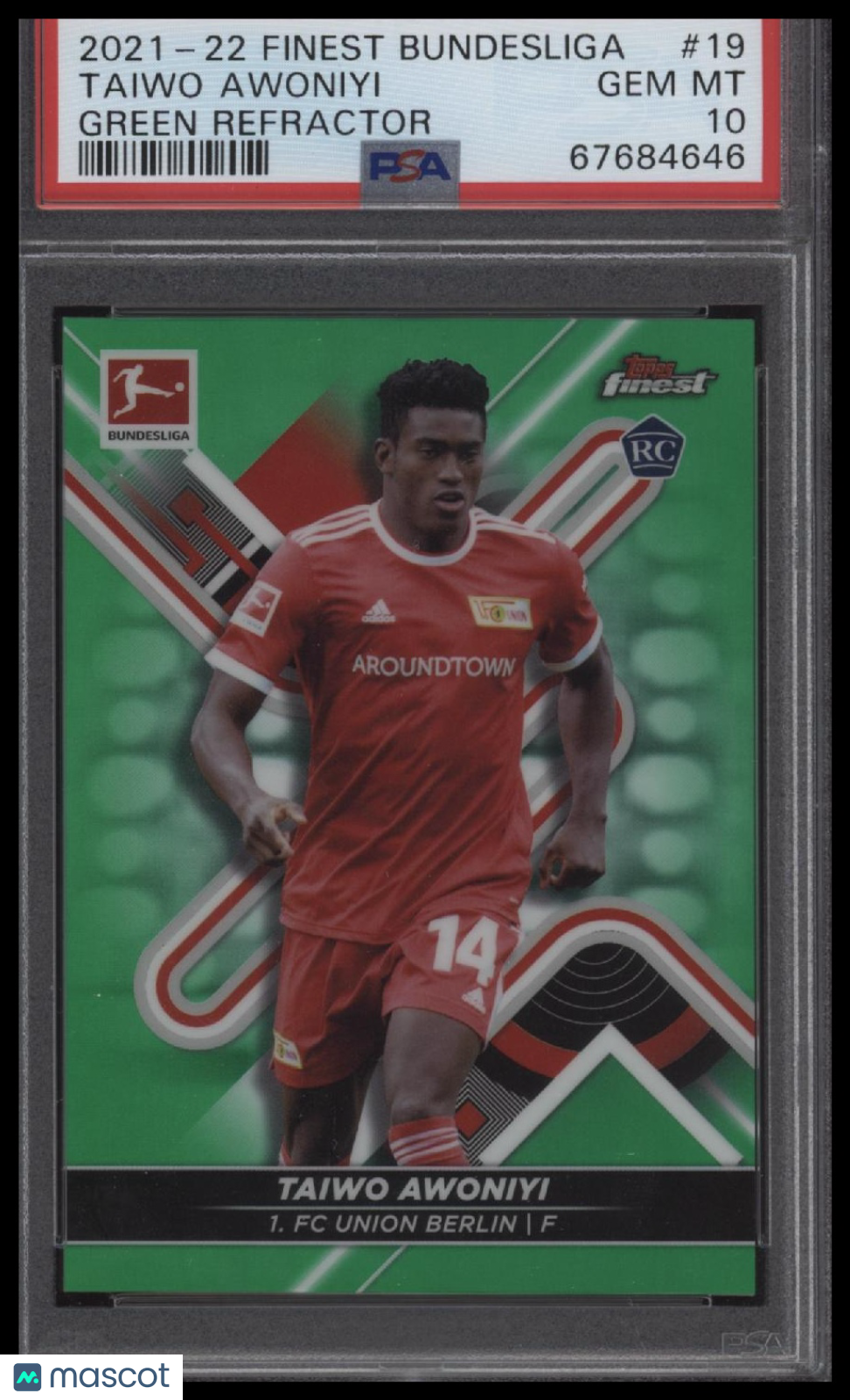 2021-2022 Topps Finest Bundesliga #19 Taiwo Awoniyi Green Refractor PSA 10