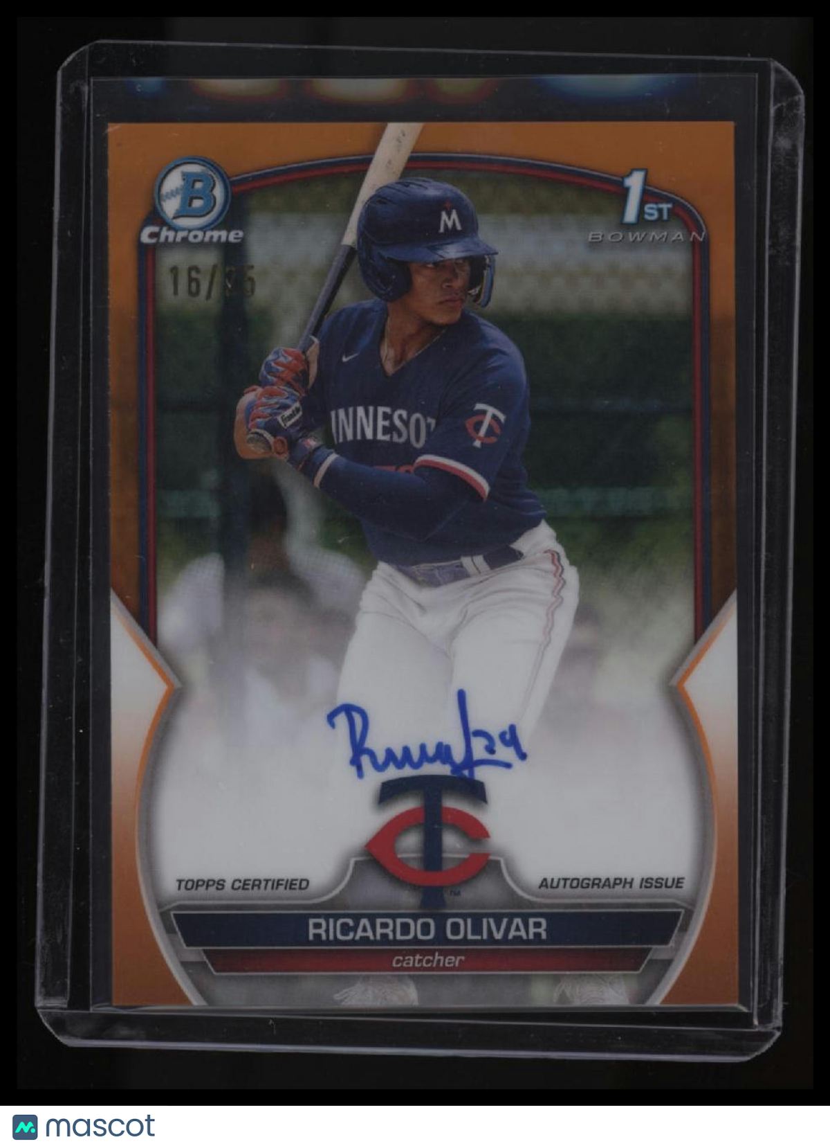 2023 Bowman Chrome Ricardo Olivar Chrome Auto Orange Refractor /25 Corner Crease