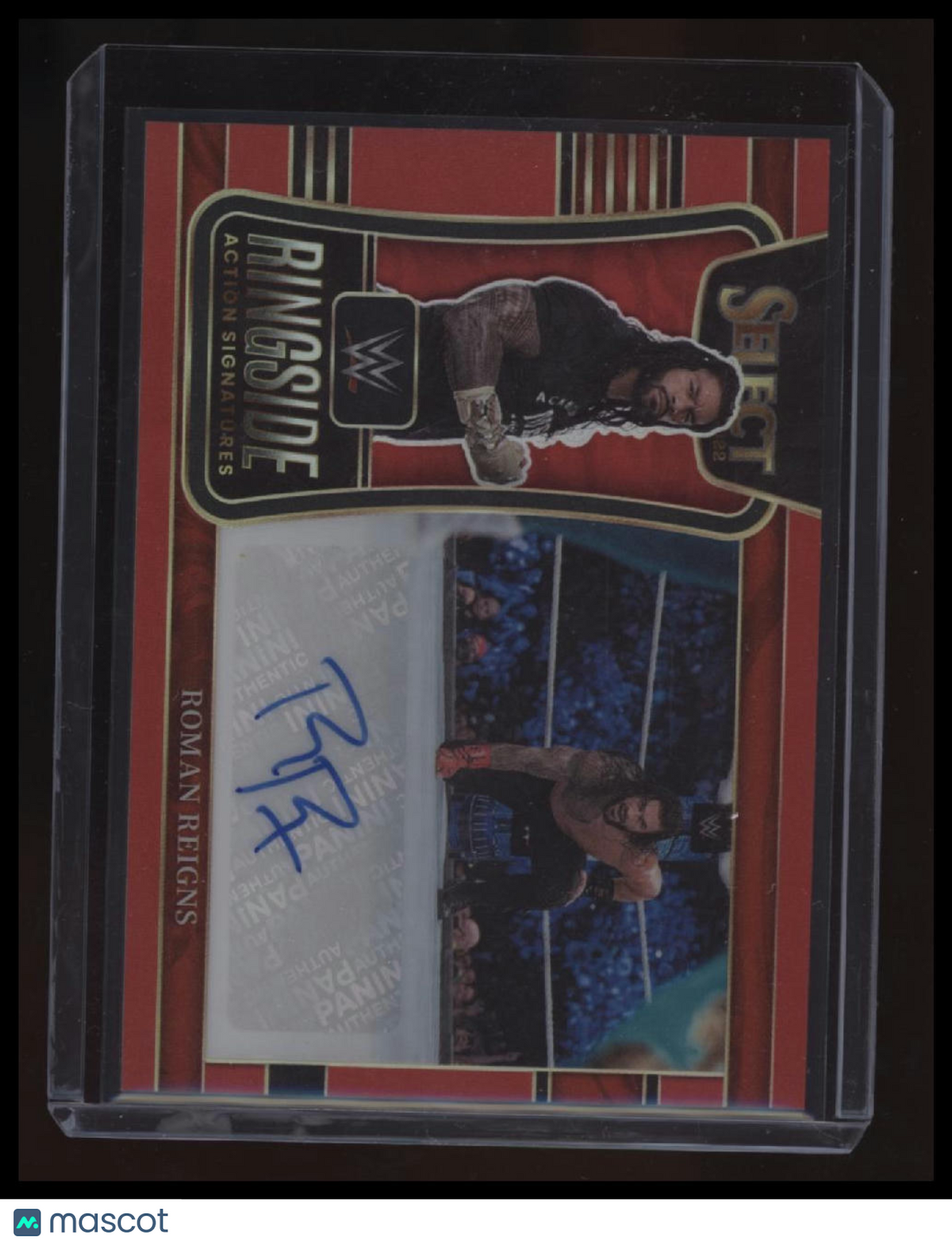 2022 Panini Select WWE Roman Reigns Ringside Action Signatures Red Prizms #/99